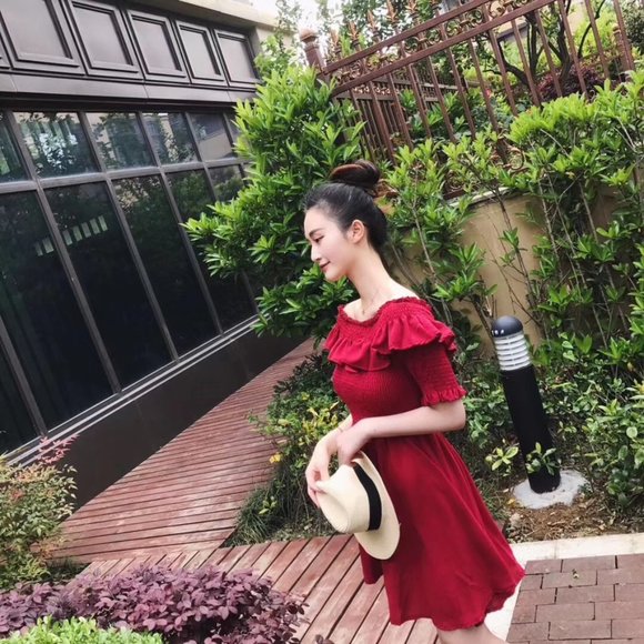 Off Shoulder Summer Dress Red - Picture 7 of 8